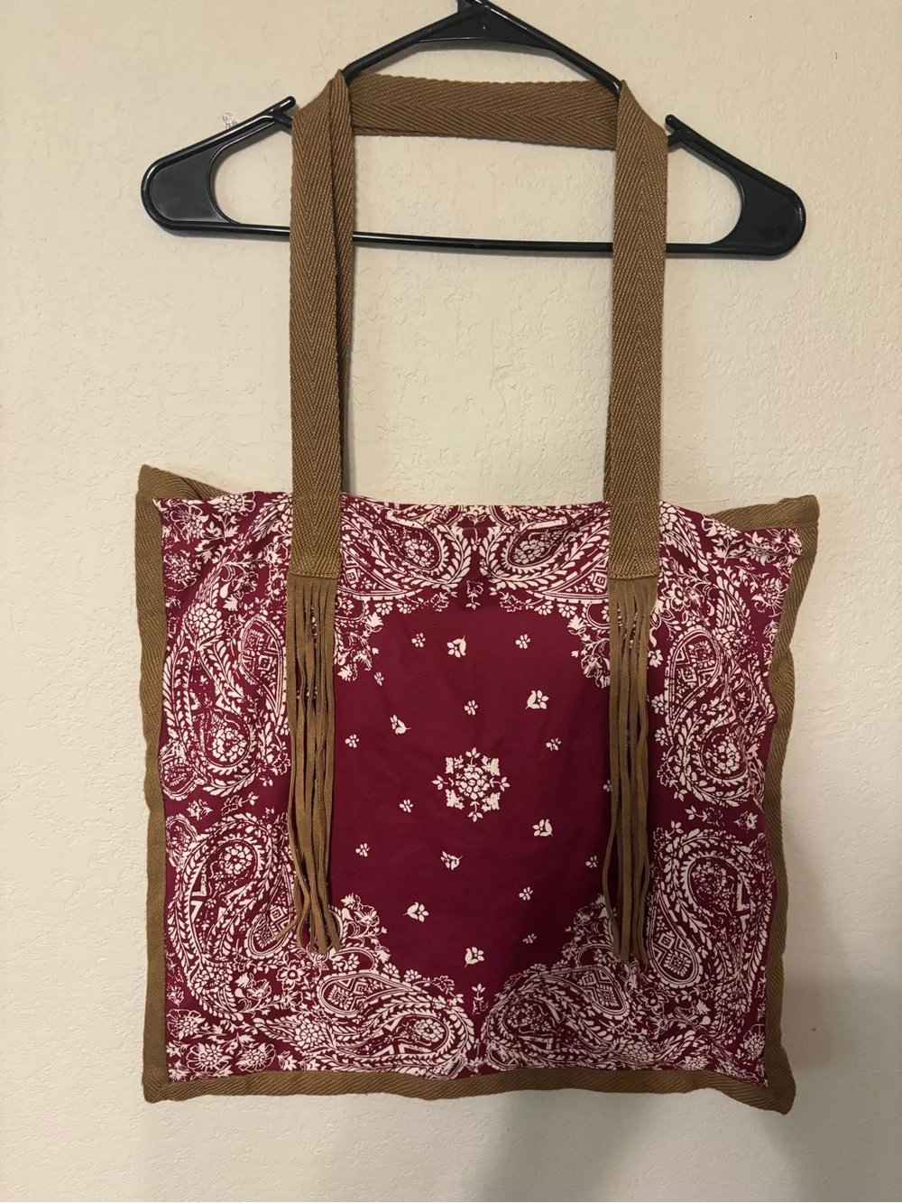 American Eagle Outfitters Maroon Bandana-Print Tote with Tan Fringe Straps